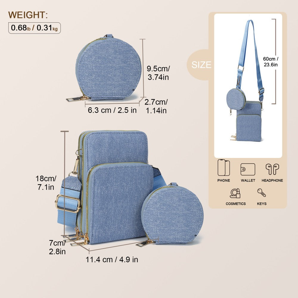 Women’s Canvas Crossbody Phone Bag with Coin Purse – Denim Blue, Lightweight Shoulder Bag for Travel & Everyday Use