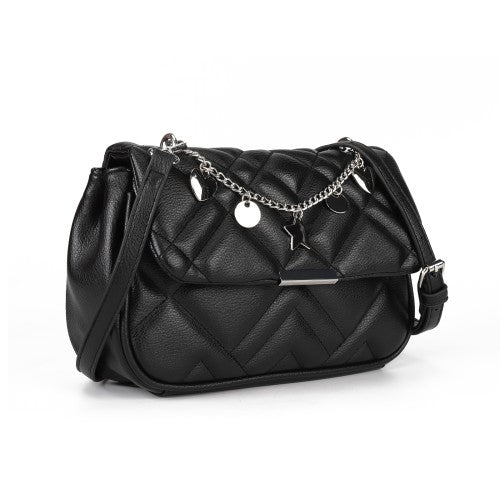 Black Quilted Crossbody Shoulder Bag with Fancy Chain and Magnetic Closure