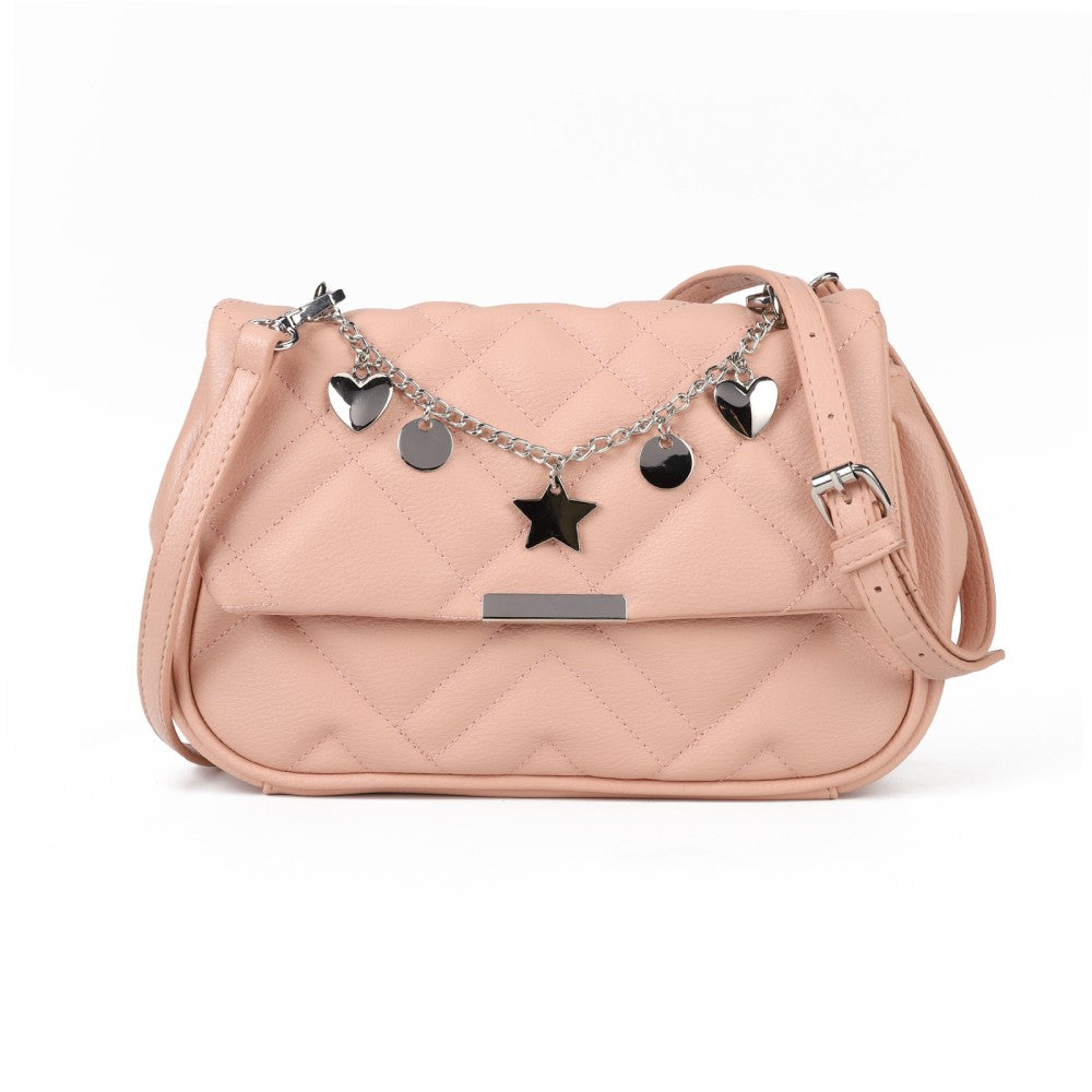 Pink Quilted Crossbody Shoulder Bag with Fancy Chain and Magnetic Closure