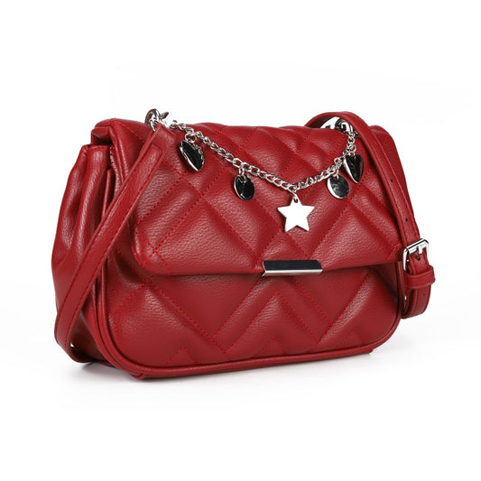 Red Quilted Crossbody Shoulder Bag with Fancy Chain and Magnetic Closure