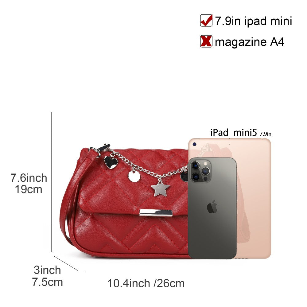 Red Quilted Crossbody Shoulder Bag with Fancy Chain and Magnetic Closure