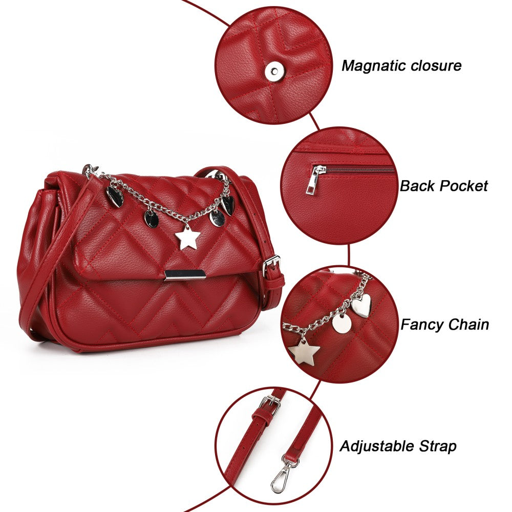 Red Quilted Crossbody Shoulder Bag with Fancy Chain and Magnetic Closure