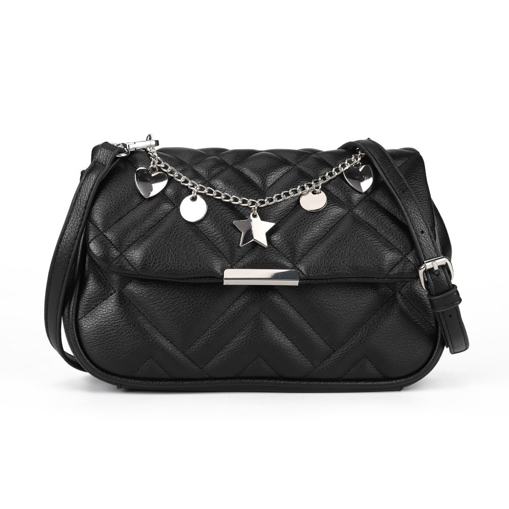Black Quilted Crossbody Shoulder Bag with Fancy Chain and Magnetic Closure