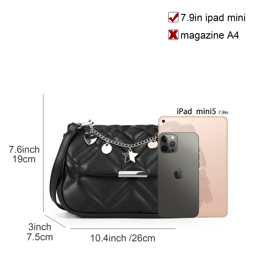 Black Quilted Crossbody Shoulder Bag with Fancy Chain and Magnetic Closure