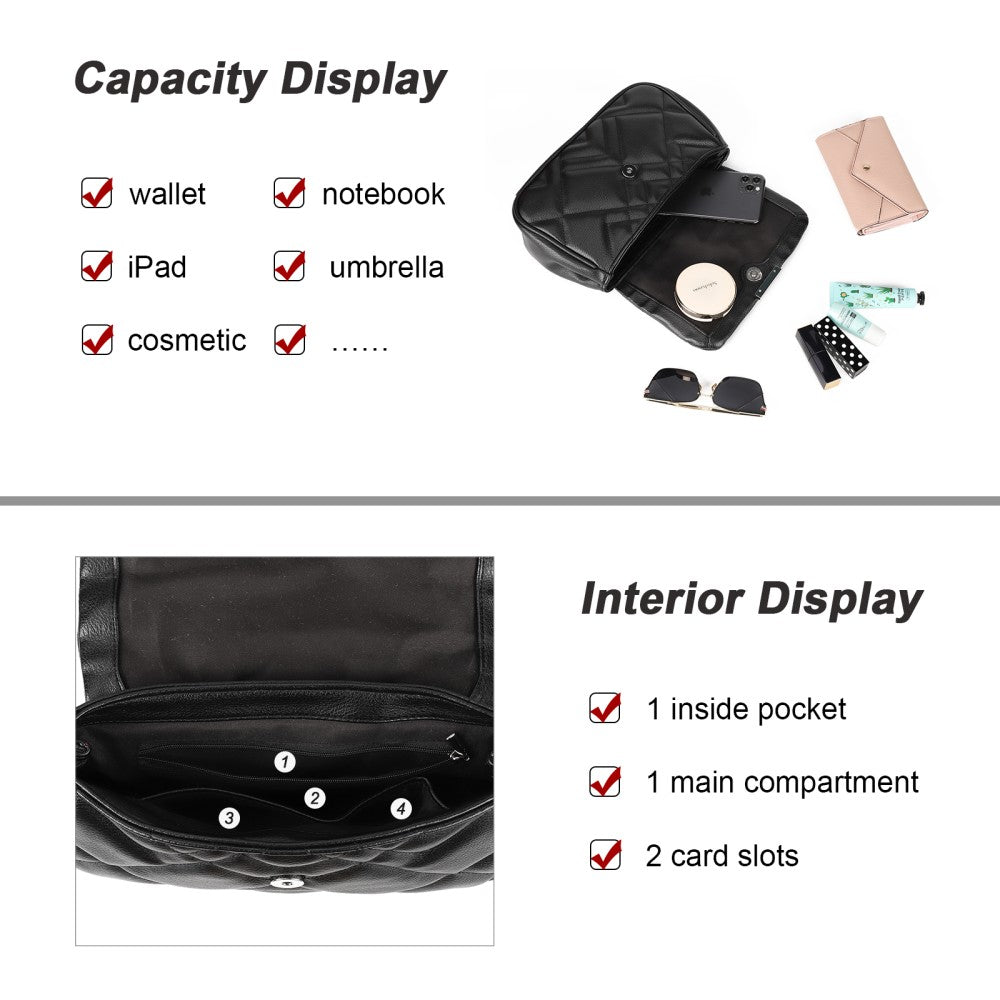 Black Quilted Crossbody Shoulder Bag with Fancy Chain and Magnetic Closure