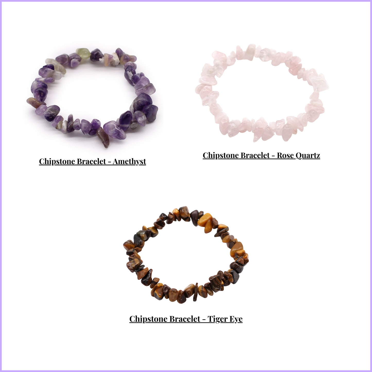 Trio Harmony Chipstone Bracelet Set – Amethyst, Rose Quartz & Tiger Eye