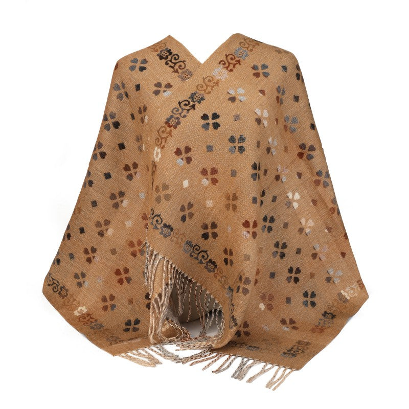 Floral Pattern Oversized Shawl with Fringe – 100% Cotton Wrap & Poncho Style (180cm × 65cm)