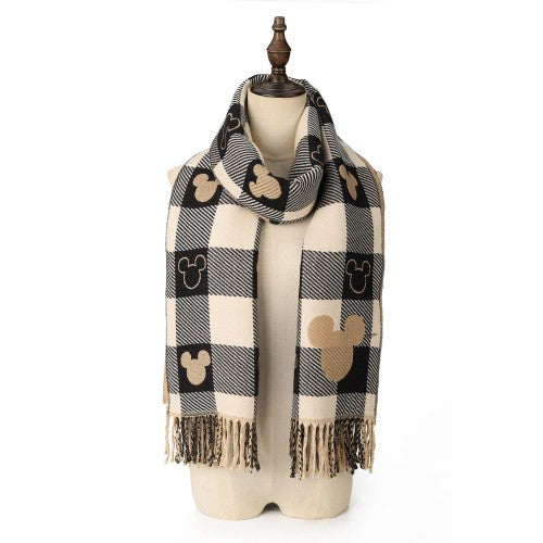 BLACK Luxury Checkered Mickey Pattern Cashmere Scarf Wrap – Soft Fringe Shawl for Women