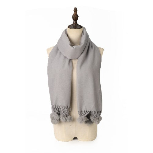 GREY Luxury Cashmere Pom Pom Scarf – Soft Warm Winter Shawl with Fringe Tassels