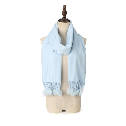 BLUE Luxury Cashmere Pom Pom Scarf – Soft Warm Winter Shawl with Fringe Tassels