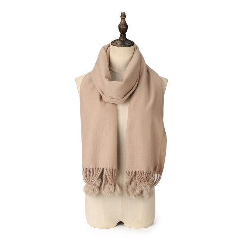 KHAKI Luxury Cashmere Pom Pom Scarf – Soft Warm Winter Shawl with Fringe Tassels