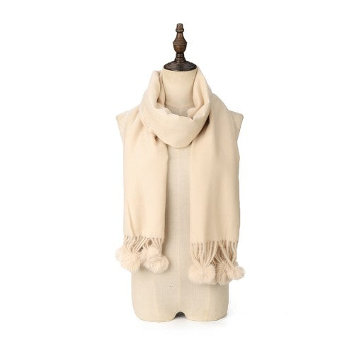 BEIGE  Luxury Cashmere Pom Pom Scarf – Soft Warm Winter Shawl with Fringe Tassels