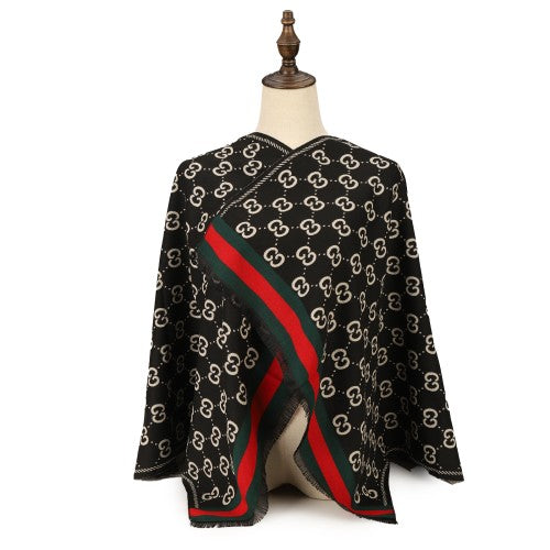 BLACK WHITE Luxury Reversible Designer-Inspired Poncho Shawl Wrap with GG Pattern and Stripe Border