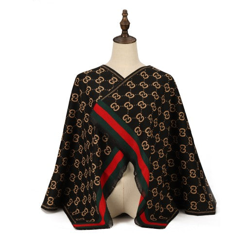 Luxury Reversible Designer-Inspired Poncho Shawl Wrap with GG Pattern and Stripe Border
