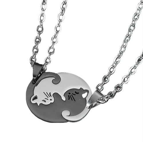 NL0056 Circle Patchwork Black Cat Couple Necklace with Silver Chain