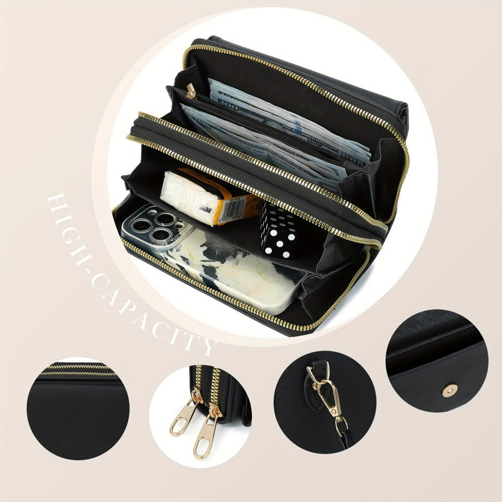 Black PU Crossbody Wallet Bag – Multi-Functional Shoulder Purse (11.5cm x 5cm x 19.5cm)