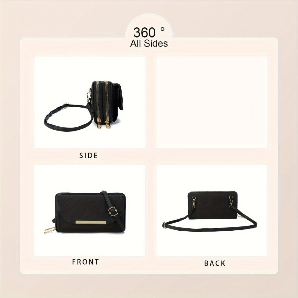 Black PU Crossbody Wallet Bag – Multi-Functional Shoulder Purse (11.5cm x 5cm x 19.5cm)