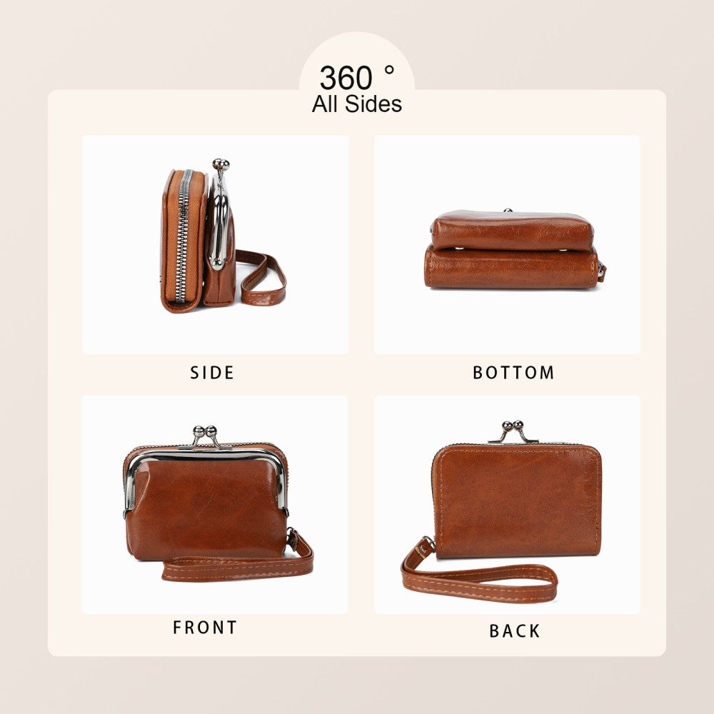 Classic Kiss Lock Wristlet Purse -BROWN