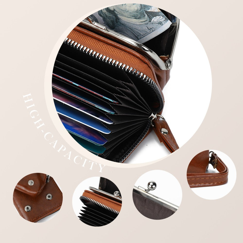 Classic Kiss Lock Wristlet Purse -BROWN