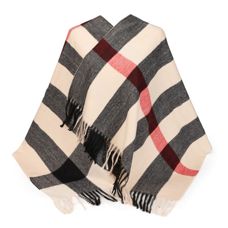 Oversized Tartan Plaid Shawl Wrap – Cozy Winter Scarf with Fringe