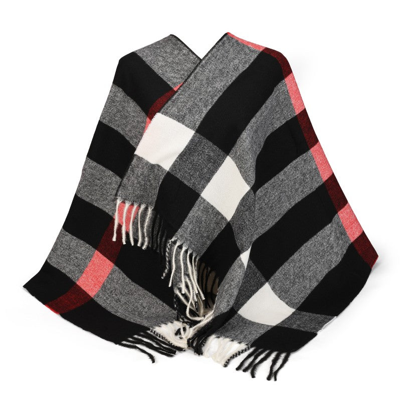 Oversized Tartan Plaid Shawl Wrap – Cozy Winter Scarf with Fringe