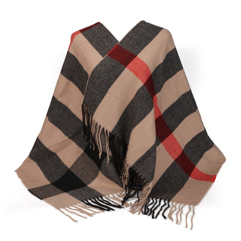 Oversized Tartan Plaid Shawl Wrap – Cozy Winter Scarf with Fringe