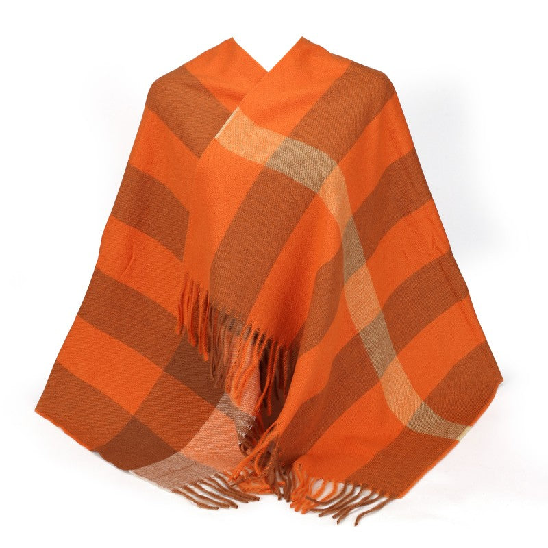 Oversized Tartan Plaid Shawl Wrap – Cozy Winter Scarf with Fringe