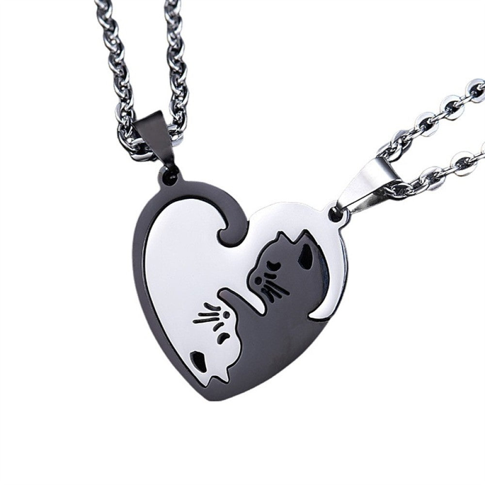 Love Patchwork Black Cat Couple Necklace with Silver Chain