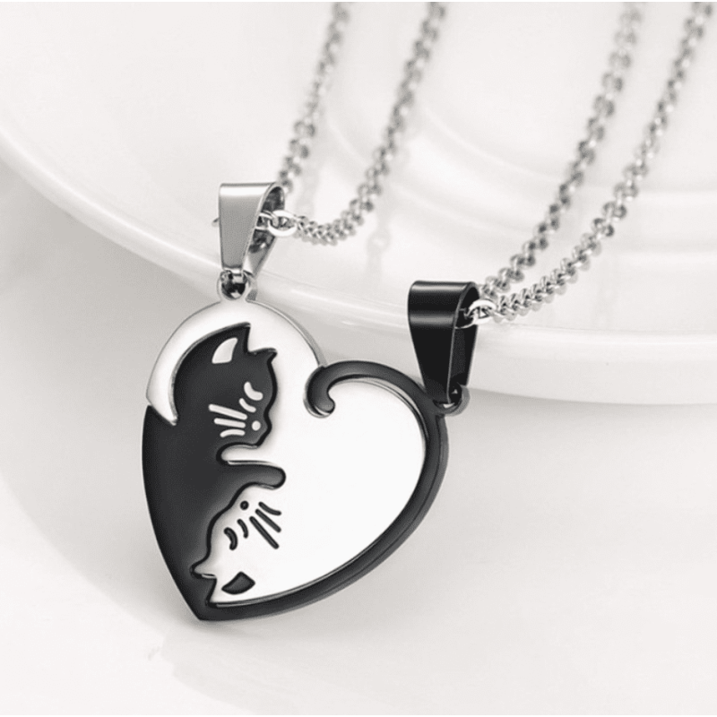 Love Patchwork Black Cat Couple Necklace with Silver Chain