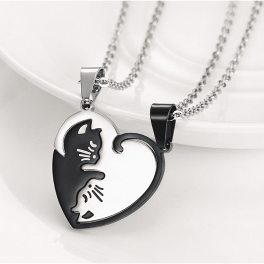 Love Patchwork Black Cat Couple Necklace with Silver Chain