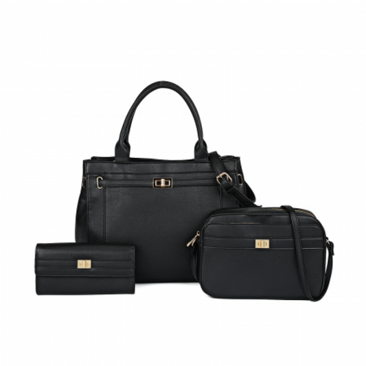 3-Piece Black PU Leather Bag Set – Handbag, Crossbody & Purse