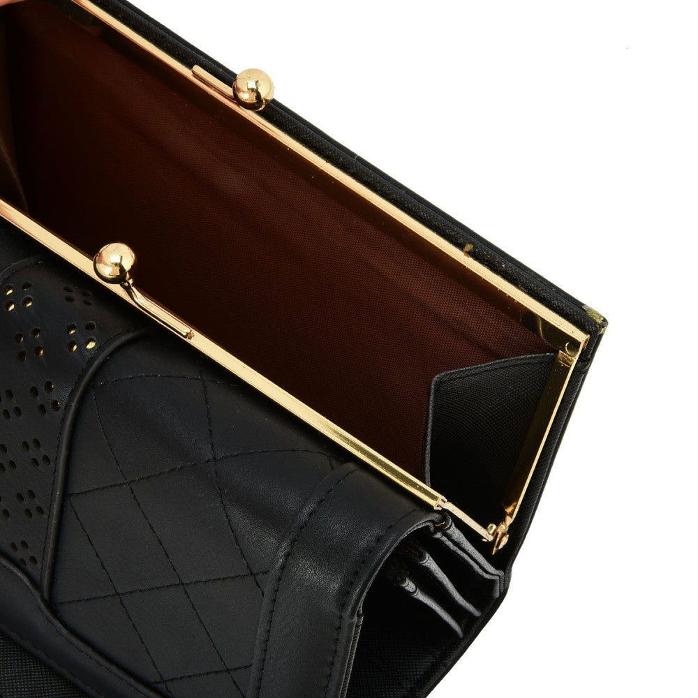 PU Leather Clutch Wallet Purse with Kiss Lock & Quilted Design – Multi-Compartment Organizer