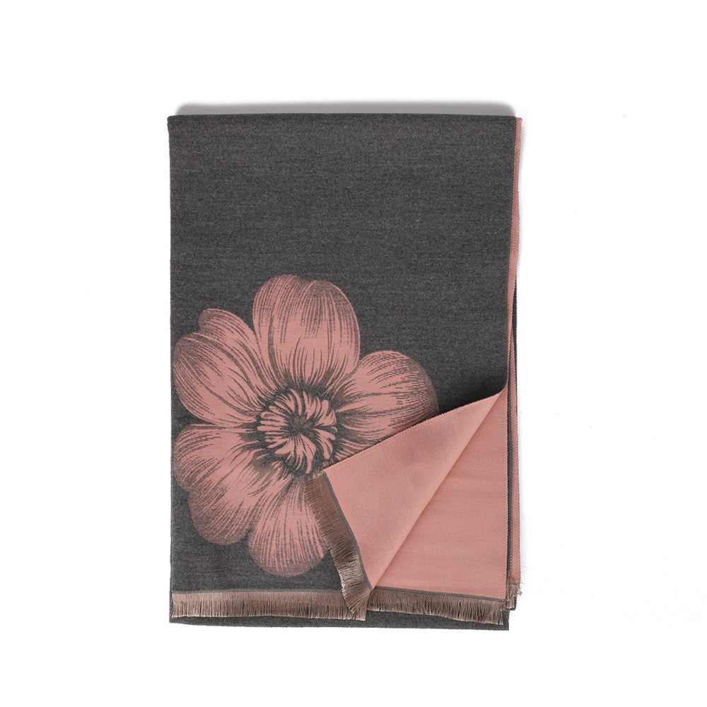 GREY Large Floral Design Cashmere Scarf