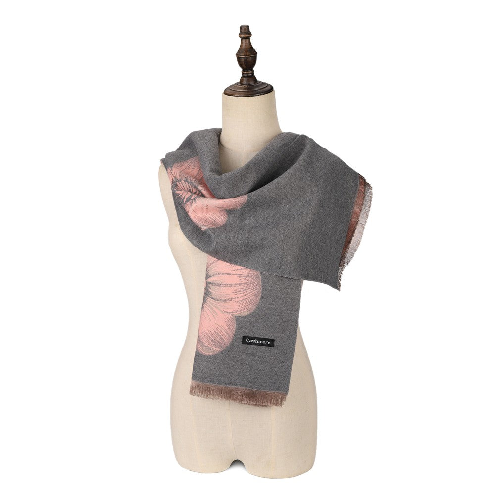 GREY Large Floral Design Cashmere Scarf