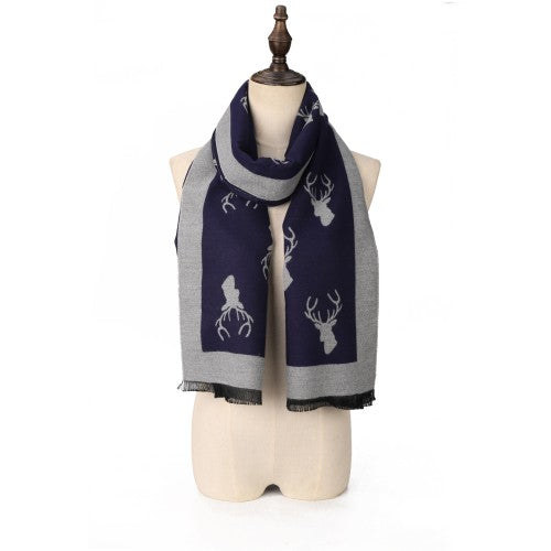 BLUE Cashmere Scarf With A Elk Pattern