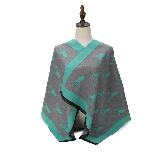 GREEN Cashmere Scarf With A Elk Pattern