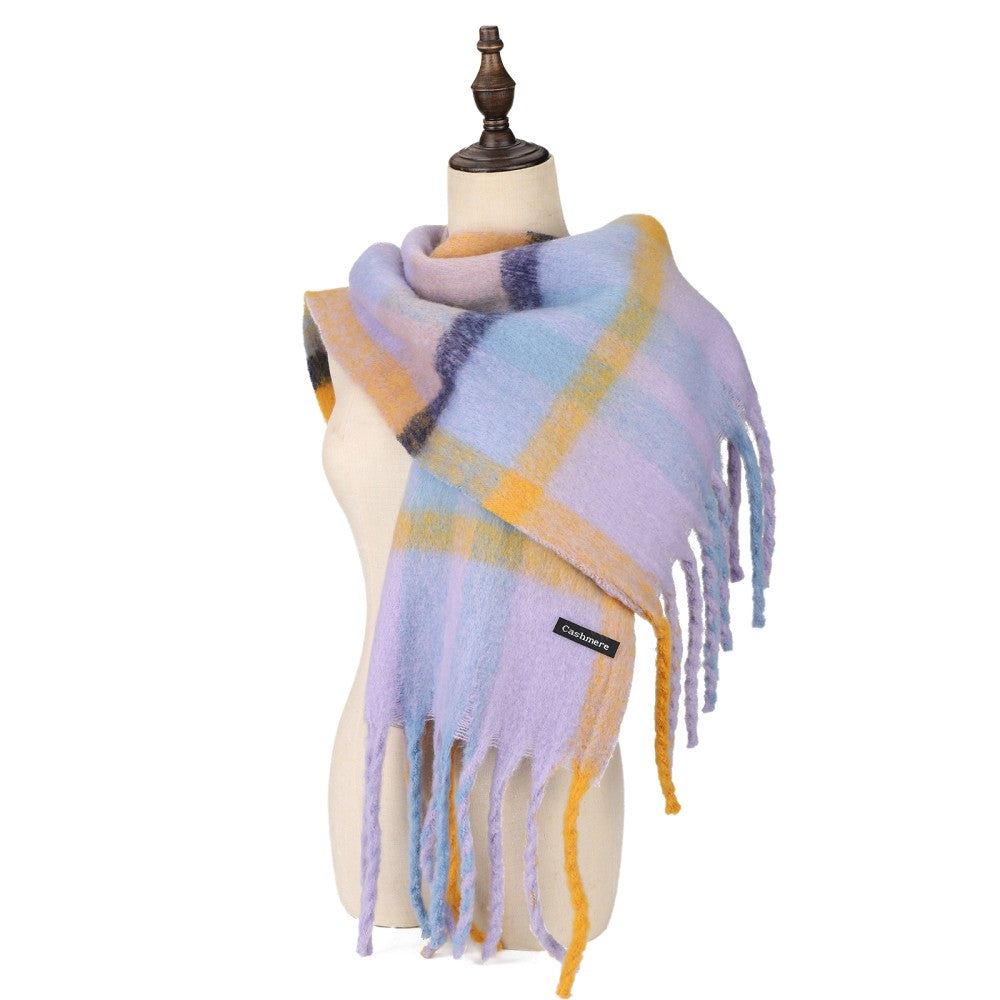 PURPLE Warm The Aurora Luxe 100% Cashmere Scarf – Soft Brushed Check Pattern Wrap | 180 x 38 cm | Classic Fringed Design