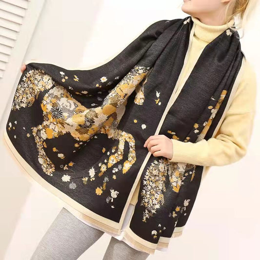 Galloping Floral Horse Wool Scarf Shawl Wrap – Black & Gold Luxury Winter Fashion