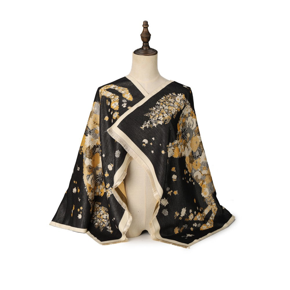 Galloping Floral Horse Wool Scarf Shawl Wrap – Black & Gold Luxury Winter Fashion