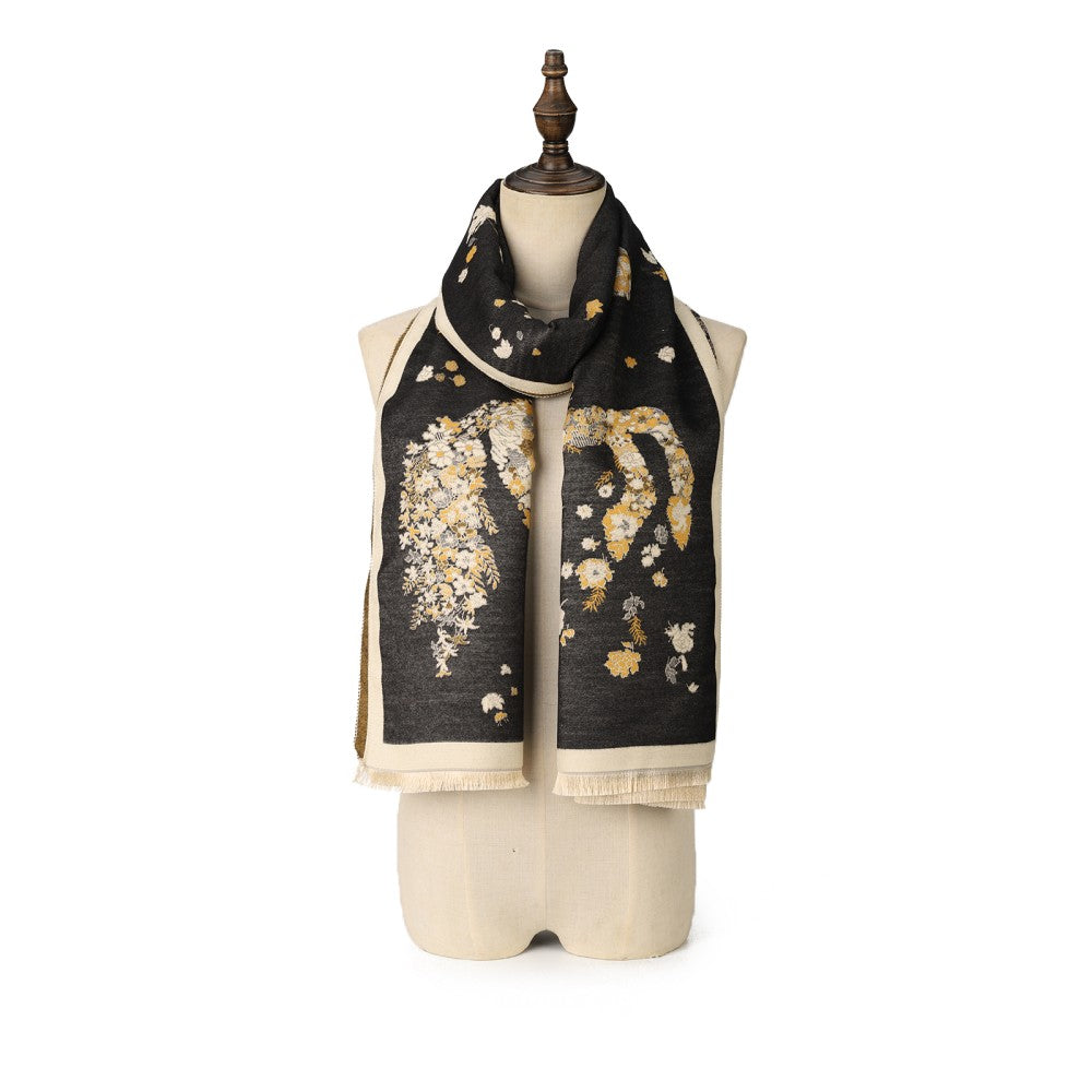 Galloping Floral Horse Wool Scarf Shawl Wrap – Black & Gold Luxury Winter Fashion