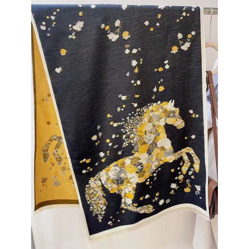 Galloping Floral Horse Wool Scarf Shawl Wrap – Black & Gold Luxury Winter Fashion
