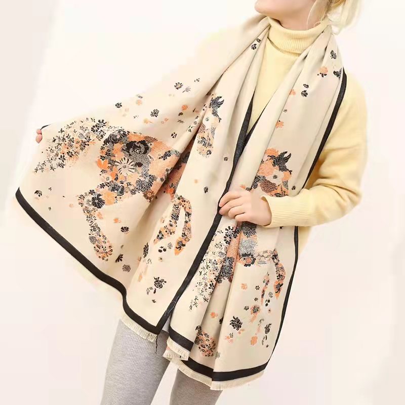 Galloping Floral Horse Wool Scarf Shawl Wrap – Black & Gold Luxury Winter Fashion
