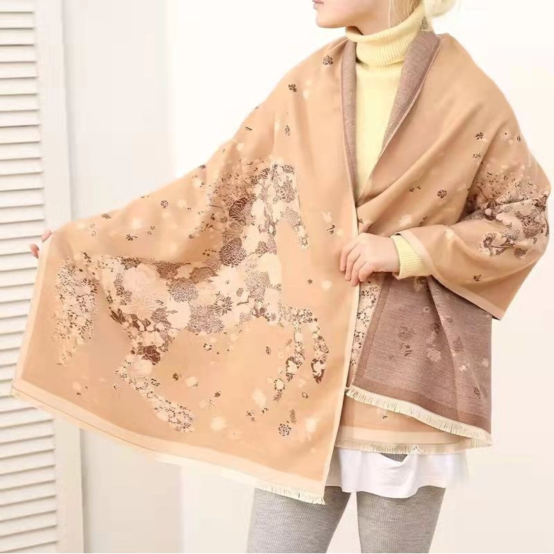 Galloping Floral Horse Wool Scarf Shawl Wrap – Black & Gold Luxury Winter Fashion