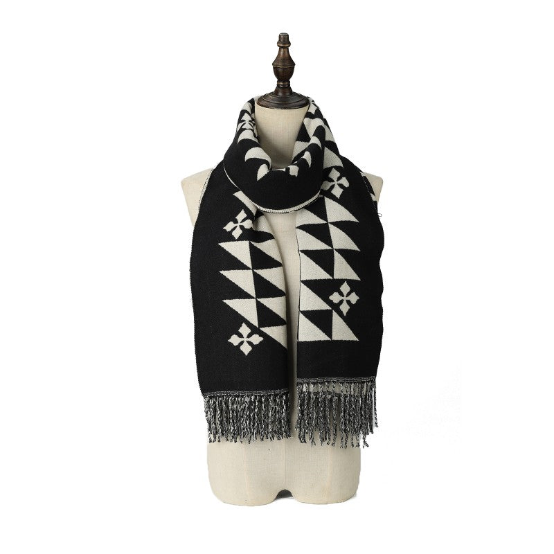 Heritage Geo Cashmere Scarf – Luxury Soft Oversized Winter Wrap with Fringe