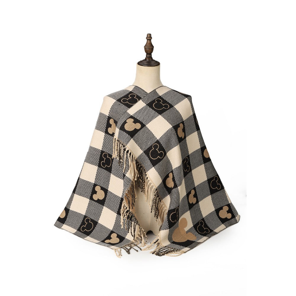 BLACK Luxury Checkered Mickey Pattern Cashmere Scarf Wrap – Soft Fringe Shawl for Women