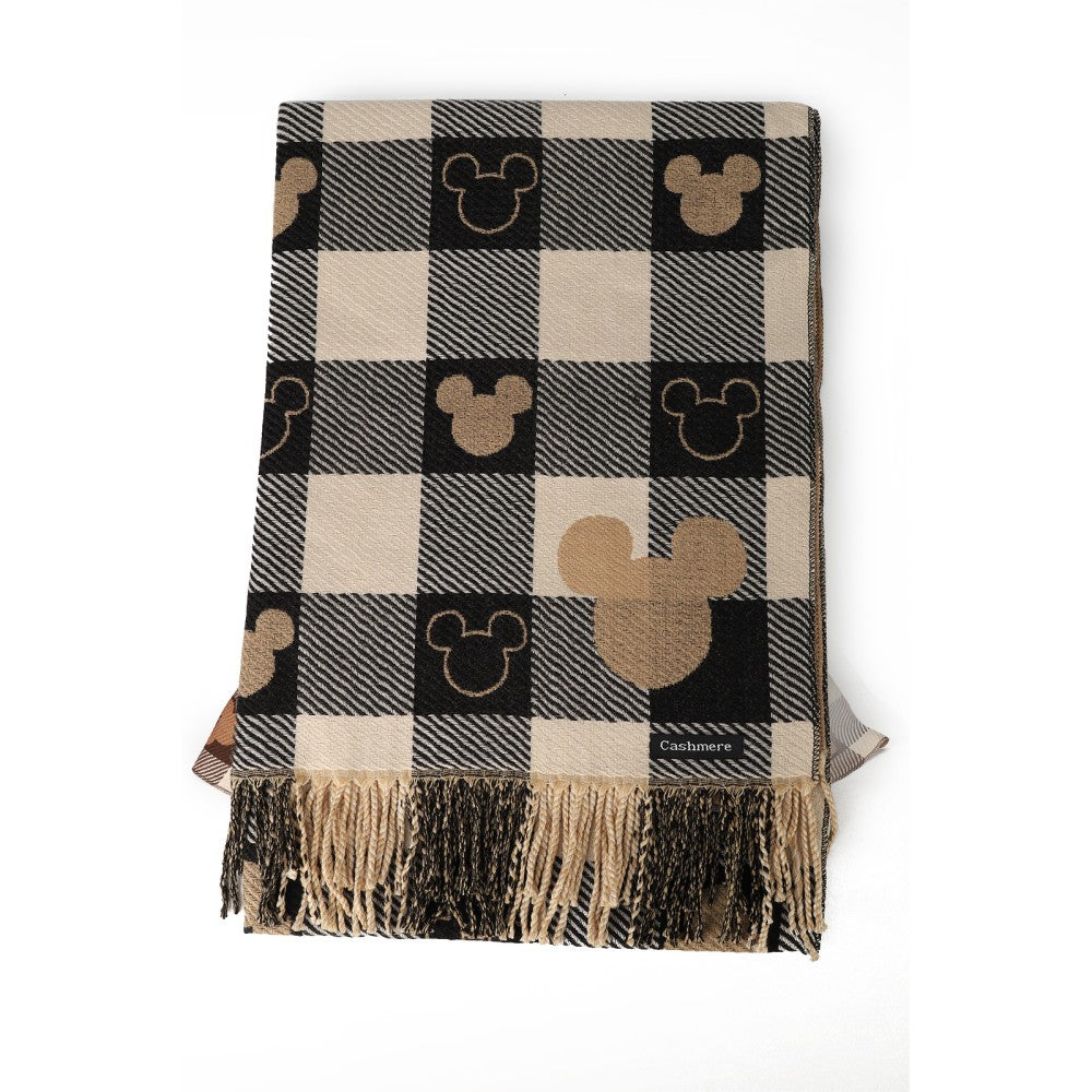 BLACK Luxury Checkered Mickey Pattern Cashmere Scarf Wrap – Soft Fringe Shawl for Women