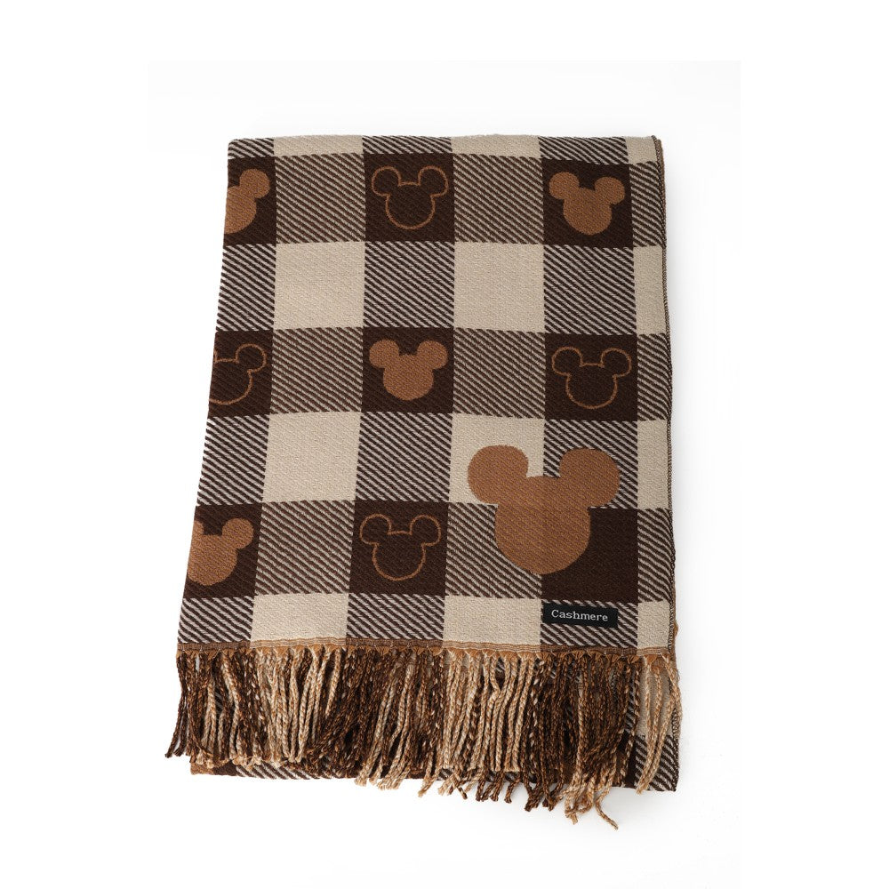 COFFEE Luxury Checkered Mickey Pattern Cashmere Scarf Wrap – Soft Fringe Shawl for Women