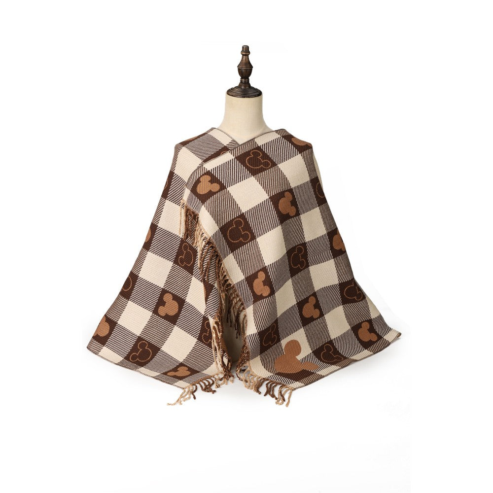COFFEE Luxury Checkered Mickey Pattern Cashmere Scarf Wrap – Soft Fringe Shawl for Women