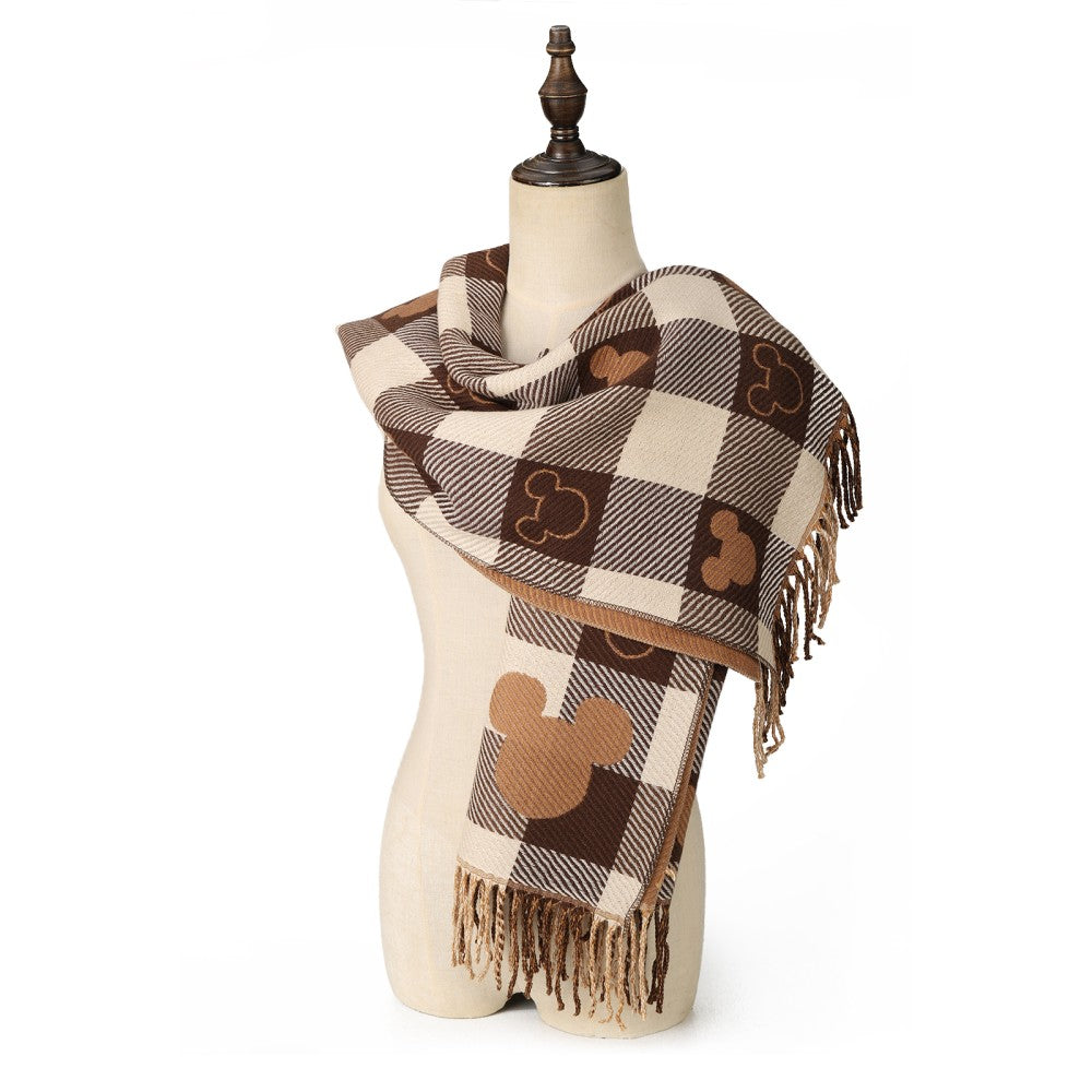 COFFEE Luxury Checkered Mickey Pattern Cashmere Scarf Wrap – Soft Fringe Shawl for Women