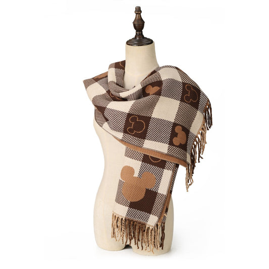 COFFEE Luxury Checkered Mickey Pattern Cashmere Scarf Wrap – Soft Fringe Shawl for Women
